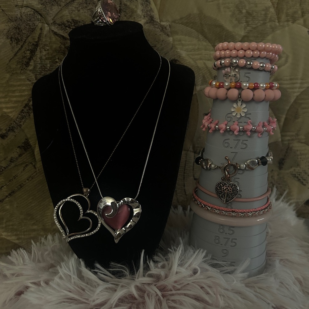Silver tone Pink Heart Set